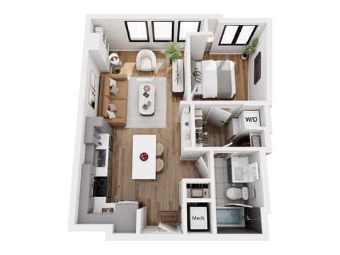 Floor plan for 1 bed, 1 bath, 664 sqft